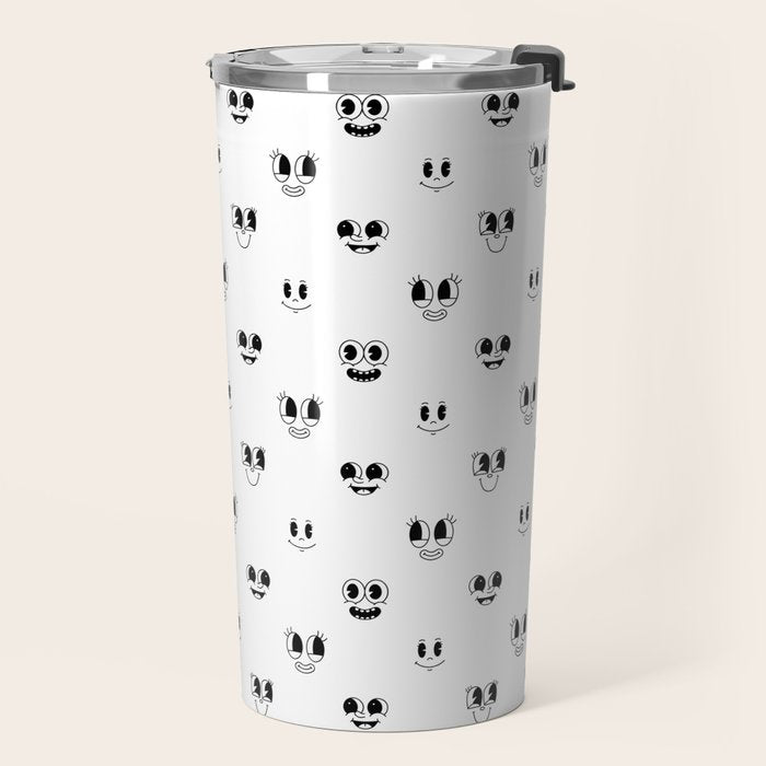Funny vintage cartoon face doodle pattern Travel Mug Gallery Image 2