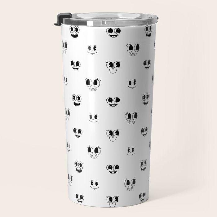 Funny vintage cartoon face doodle pattern Travel Mug Gallery Image 3