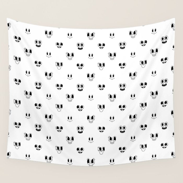Funny vintage cartoon face doodle pattern Wall Tapestry Gallery Image 1