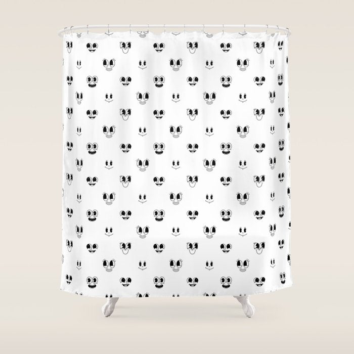 Funny vintage cartoon face doodle pattern Shower Curtain Gallery Image 1