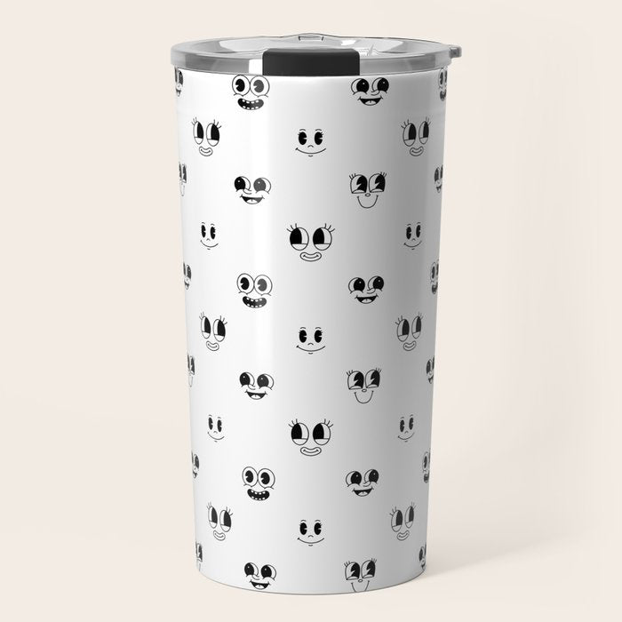 Funny vintage cartoon face doodle pattern Travel Mug Gallery Image 1