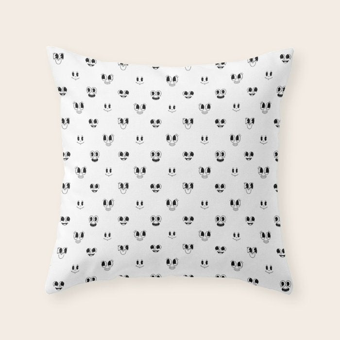 Funny vintage cartoon face doodle pattern Throw Pillow Gallery Image 6