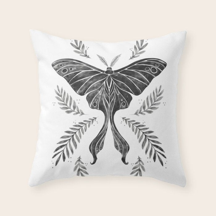 Watercolor Luna Moth in Black and White Throw Pillow Gallery Image 6