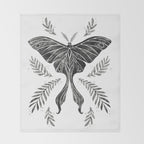 Watercolor Luna Moth in Black and White Throw Blanket Gallery Image 2