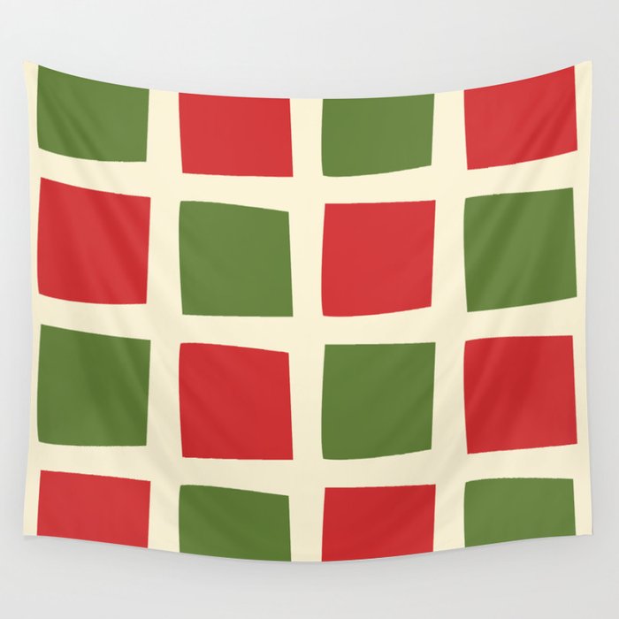 Retro Christmas Midcentury Modern Windows Checkered Red Green Cream Pattern Wall Tapestry Gallery Image 1