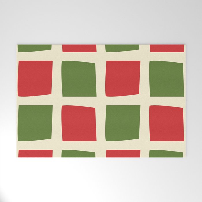 Retro Christmas Midcentury Modern Windows Checkered Red Green Cream Pattern Welcome Mat Gallery Image 1