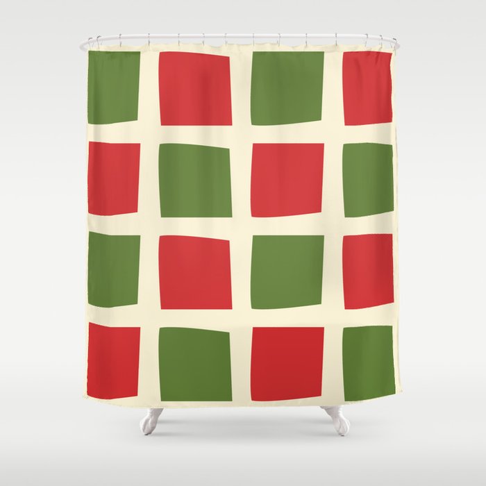 Retro Christmas Midcentury Modern Windows Checkered Red Green Cream Pattern Shower Curtain Gallery Image 1