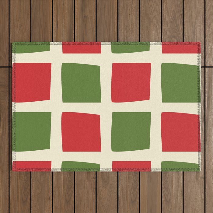 Retro Christmas Midcentury Modern Windows Checkered Red Green Cream Pattern Outdoor Rug Gallery Image 1