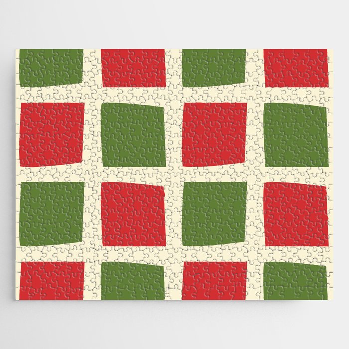 Retro Christmas Midcentury Modern Windows Checkered Red Green Cream Pattern Jigsaw Puzzle Gallery Image 1
