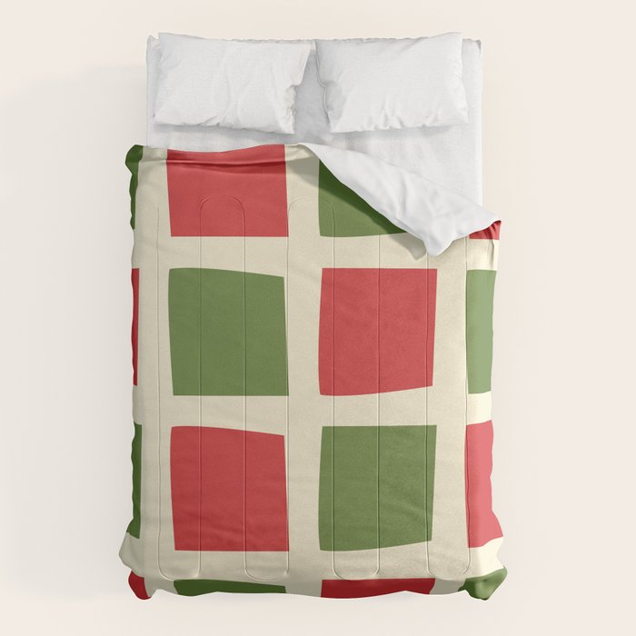 Retro Christmas Midcentury Modern Windows Checkered Red Green Cream Pattern Comforter Gallery Image 6