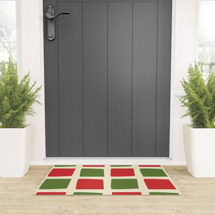 Retro Christmas Midcentury Modern Windows Checkered Red Green Cream Pattern Welcome Mat Gallery Image 3