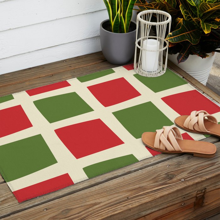 Retro Christmas Midcentury Modern Windows Checkered Red Green Cream Pattern Outdoor Rug Gallery Image 2