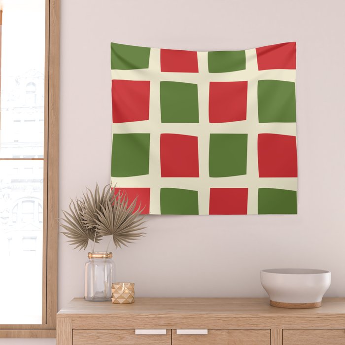 Retro Christmas Midcentury Modern Windows Checkered Red Green Cream Pattern Wall Tapestry Gallery Image 2