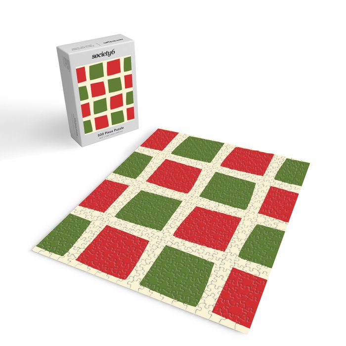 Retro Christmas Midcentury Modern Windows Checkered Red Green Cream Pattern Jigsaw Puzzle Gallery Image 2