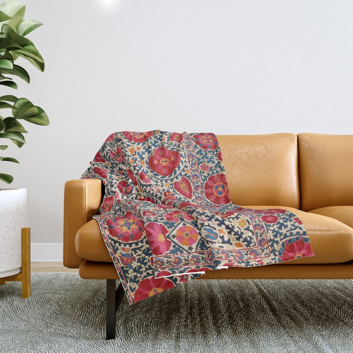 Kermina Suzani Uzbekistan Embroidery Print Throw Blanket Gallery Image 1