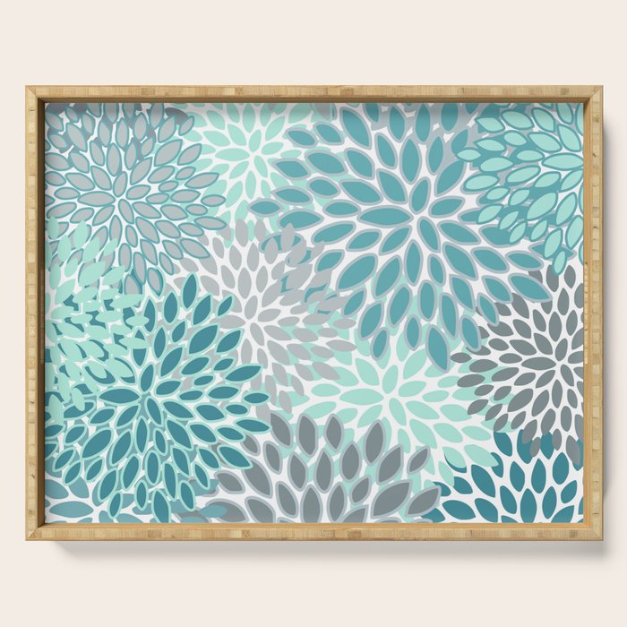 Modern, Floral Prints, Teal and Gray Serving Tray Gallery Image 1