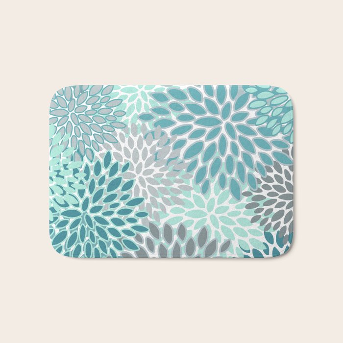 Modern, Floral Prints, Teal and Gray Bath Mat Gallery Image 1