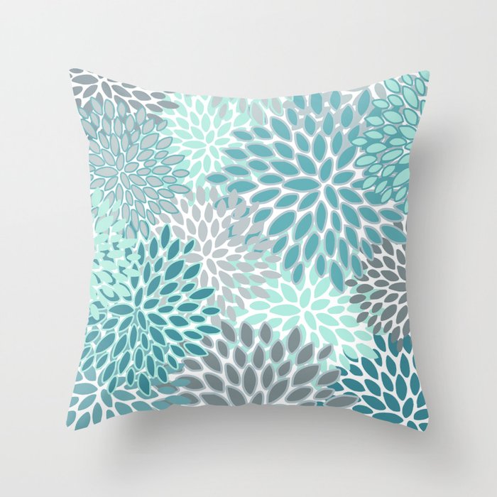 Modern, Floral Prints, Teal and Gray Throw Pillow Gallery Image 1