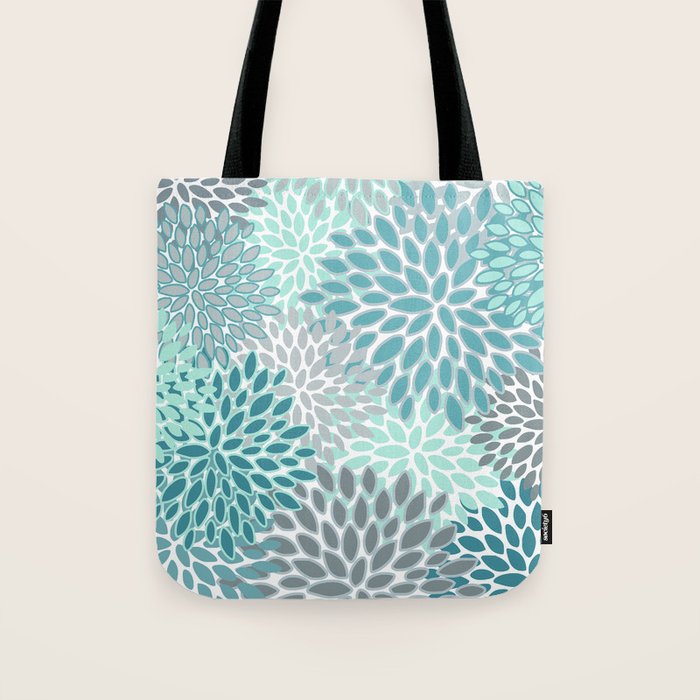 Modern, Floral Prints, Teal and Gray Tote Bag Gallery Image 1