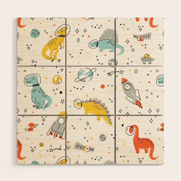 Sketchy Space Dinosaurs Wood Wall Art Gallery Image 1