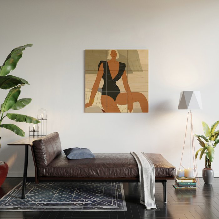  portrait of an elegant woman on the beach in a swimsuit Wood Wall Art Gallery Image 2