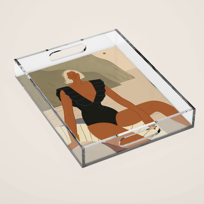  portrait of an elegant woman on the beach in a swimsuit Acrylic Tray Gallery Image 1