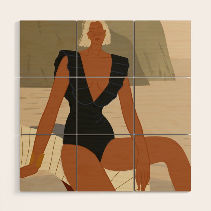  portrait of an elegant woman on the beach in a swimsuit Wood Wall Art Gallery Image 1