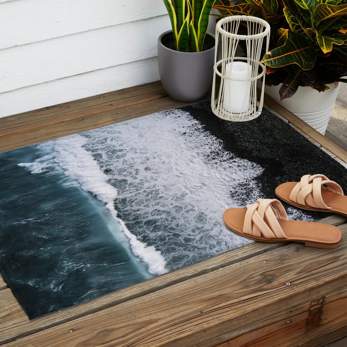 Waves from above on a Black Sand Beach Outdoor Rug Gallery Image 2