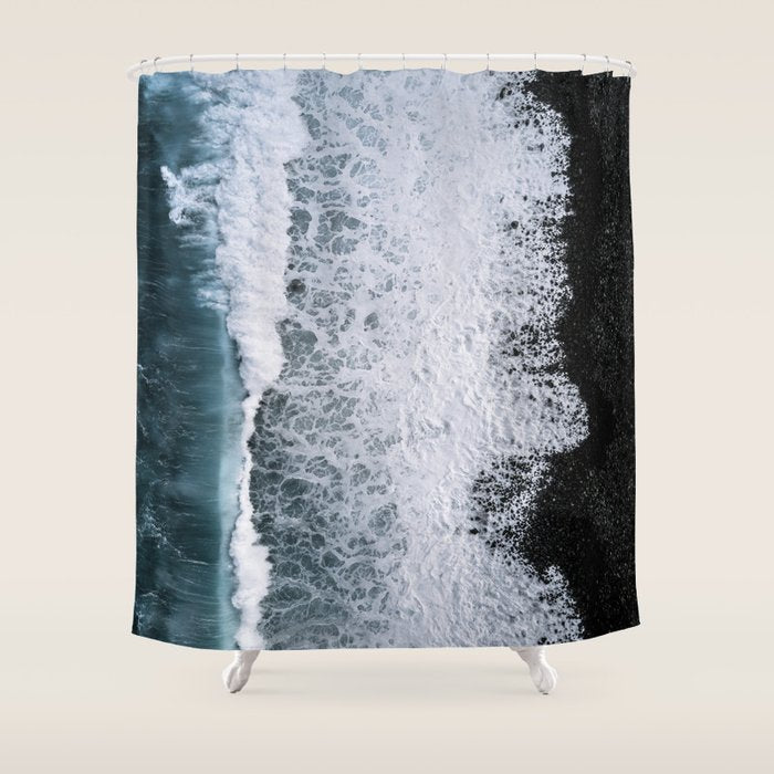 Waves from above on a Black Sand Beach Shower Curtain Gallery Image 1
