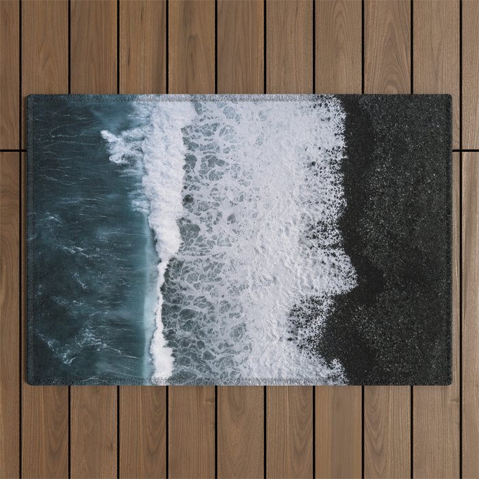 Waves from above on a Black Sand Beach Outdoor Rug Gallery Image 1