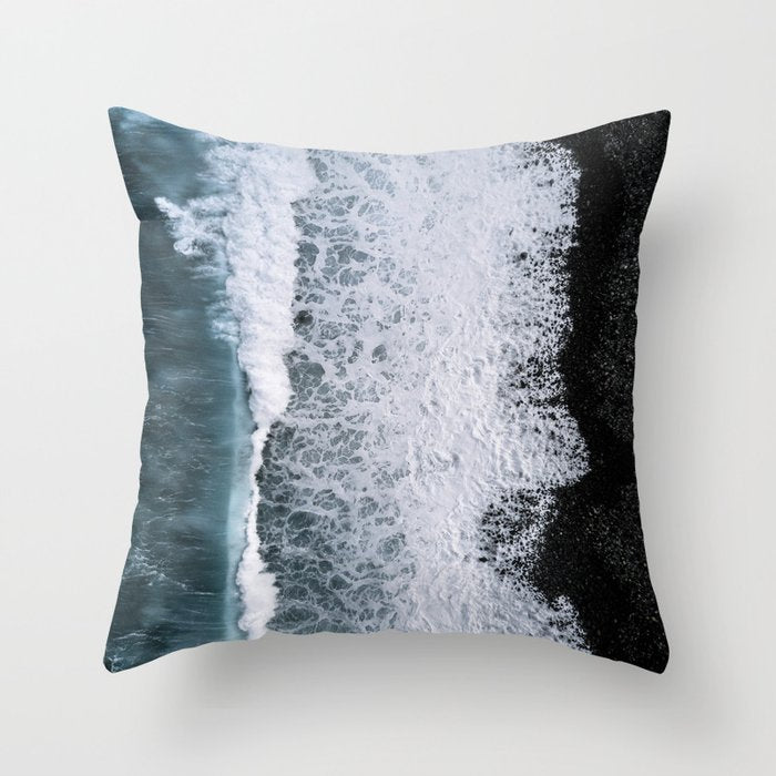Waves from above on a Black Sand Beach Throw Pillow Gallery Image 1