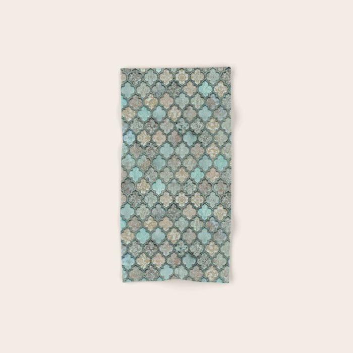 Old Moroccan Tiles Pattern Teal Beige Distressed Style Bath Towel Gallery Image 1