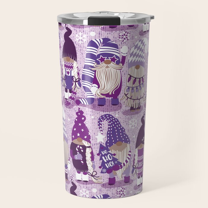 Let it gnome // monochromatic violet little Santa's helpers preparing for Christmas Travel Mug Gallery Image 1