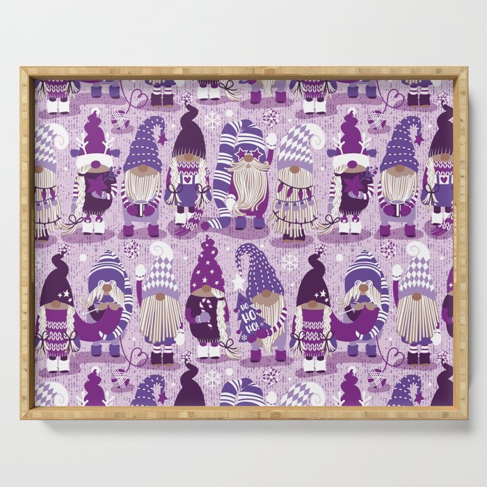 Let it gnome // monochromatic violet little Santa's helpers preparing for Christmas Serving Tray Gallery Image 1