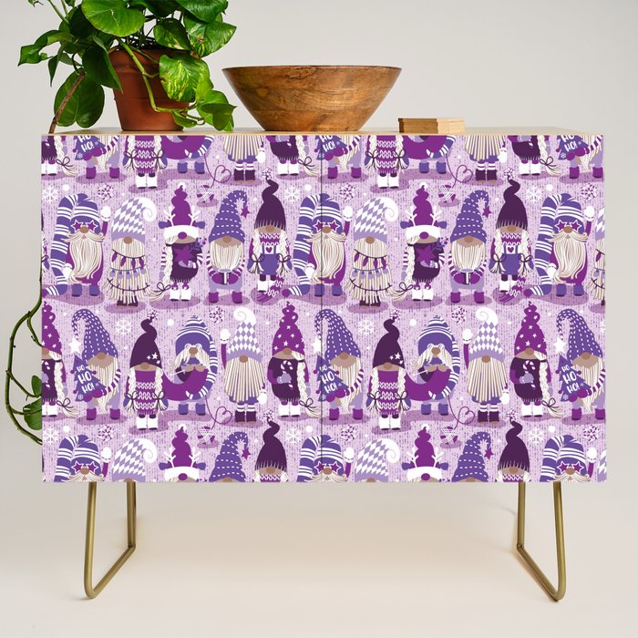 Let it gnome // monochromatic violet little Santa's helpers preparing for Christmas Credenza Gallery Image 1