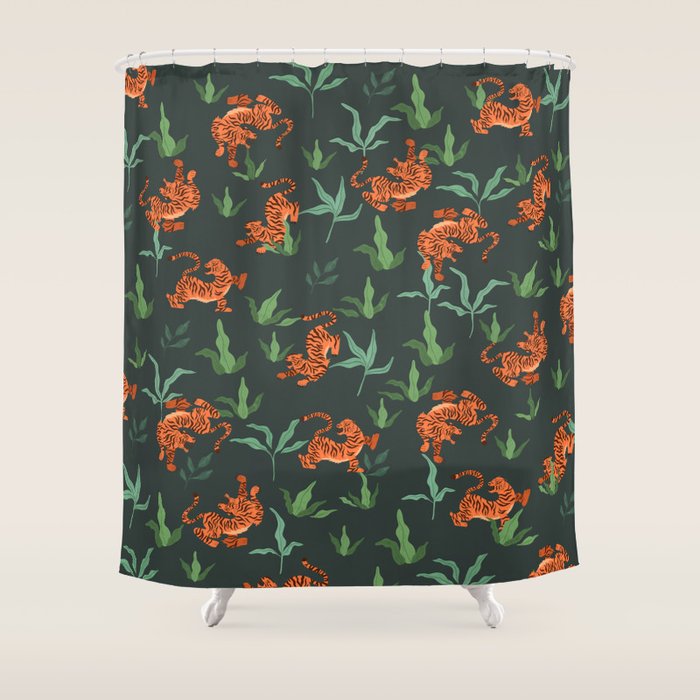 Dancing Tiger (Forest Green) Shower Curtain Gallery Image 1