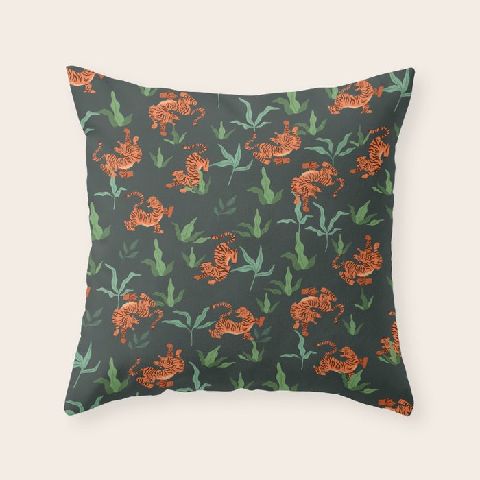 Dancing Tiger (Forest Green) Throw Pillow Gallery Image 6