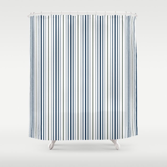 Navy Blue and Sage Green Thin Stripes Shower Curtain Gallery Image 1