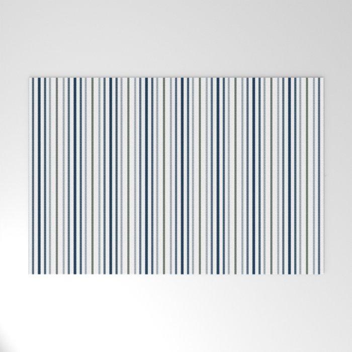 Navy Blue and Sage Green Thin Stripes Welcome Mat Gallery Image 1