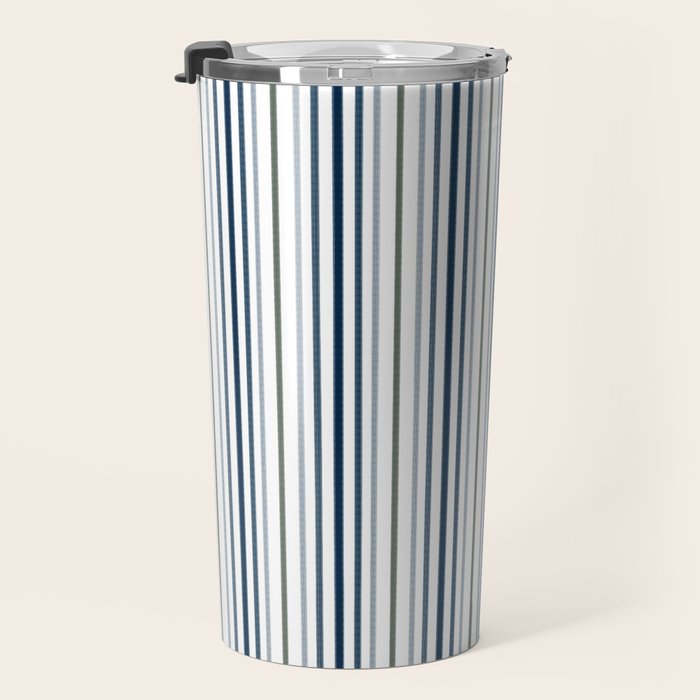 Navy Blue and Sage Green Thin Stripes Travel Mug Gallery Image 3