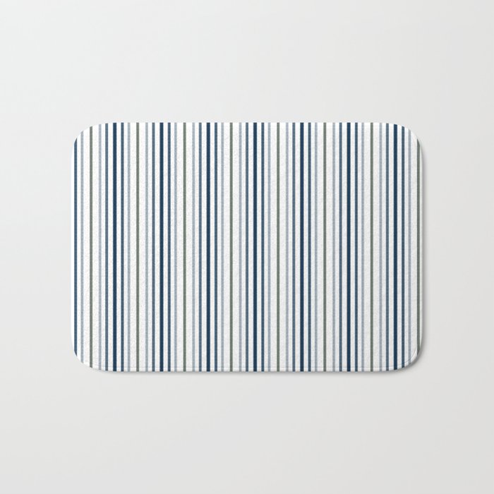 Navy Blue and Sage Green Thin Stripes Bath Mat Gallery Image 1