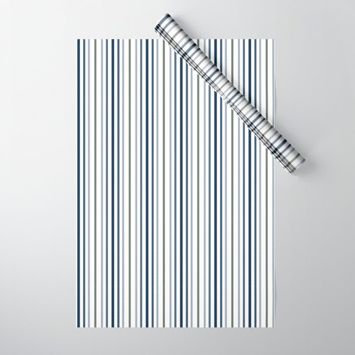 Navy Blue and Sage Green Thin Stripes Wrapping Paper Gallery Image 1
