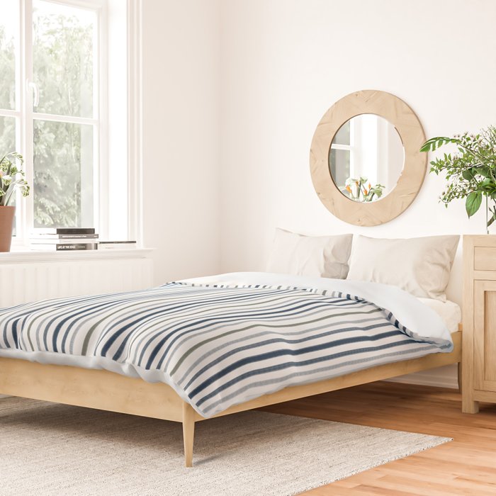 Navy Blue and Sage Green Thin Stripes Duvet Cover Gallery Image 2