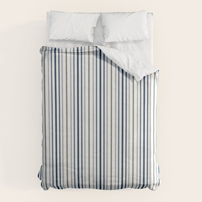 Navy Blue and Sage Green Thin Stripes Duvet Cover Gallery Image 1