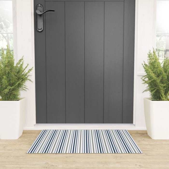 Navy Blue and Sage Green Thin Stripes Welcome Mat Gallery Image 3