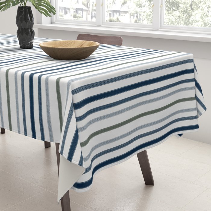 Navy Blue and Sage Green Thin Stripes Tablecloth Gallery Image 3