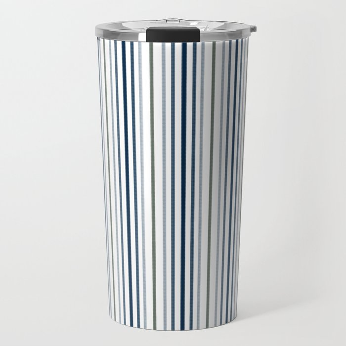 Navy Blue and Sage Green Thin Stripes Travel Mug Gallery Image 1