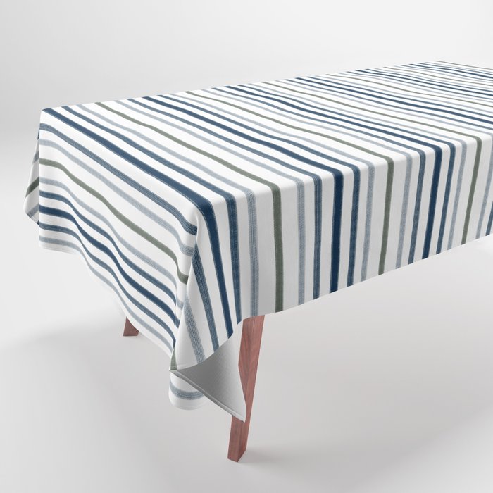 Navy Blue and Sage Green Thin Stripes Tablecloth Gallery Image 1