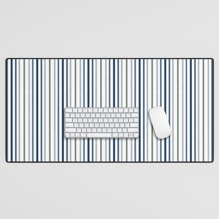 Navy Blue and Sage Green Thin Stripes Desk Mat Gallery Image 1