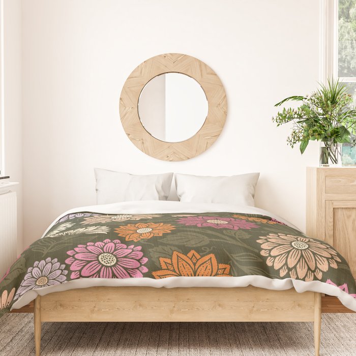 Mums and Vines Floral Mauve Olive and Rust Duvet Cover Gallery Image 3